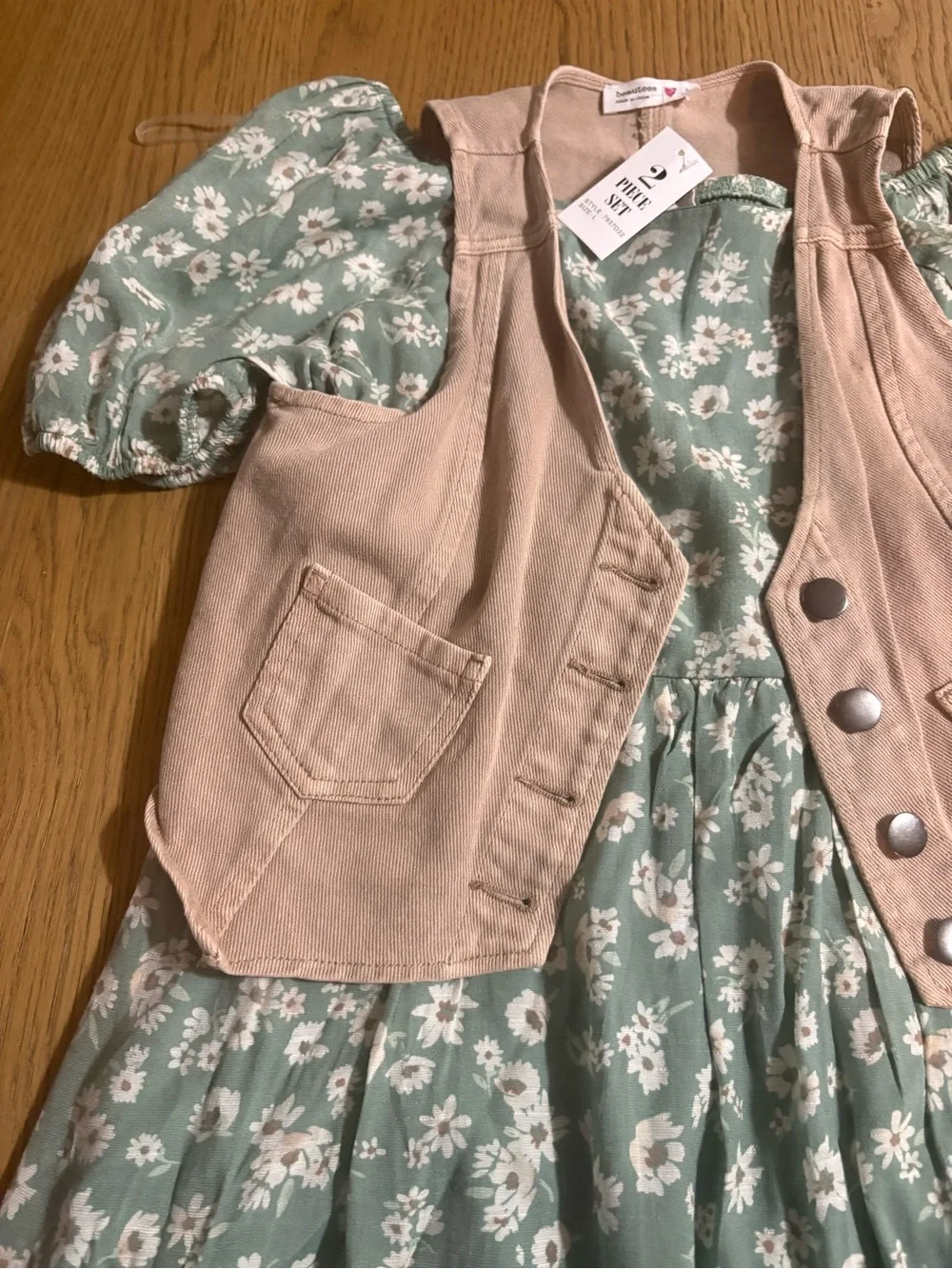 Beautees Sage Green Floral Dress with Blush Pink Vest